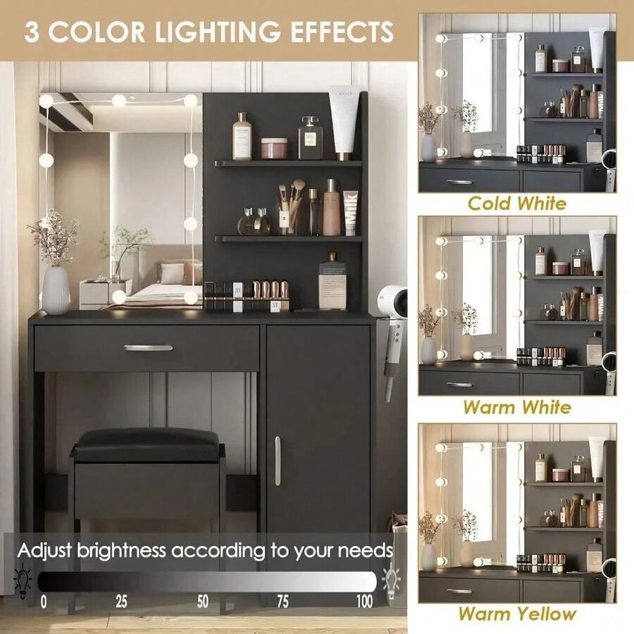 Makeup Vanity Desk With Lighted Mirror & Power Strip,Makeup Vanity