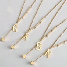 1pc Gold-Color Titanium Steel Letter Pendant Necklace With Tassel & Cube Pendant, Alphabet Combination Name Chain For Women Girls, Fashionable & Lovely Necklace Gift For Ladies