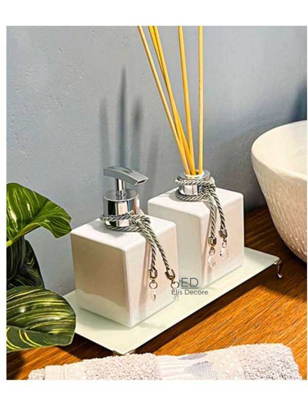 Kit Lavabo Saboneteira, Aromatizador e Bandeja em Vidro