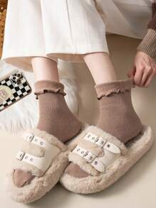 5 双女士保暖纯色厚羊毛和羊绒袜，防滑毛绒地板袜，适合冬季