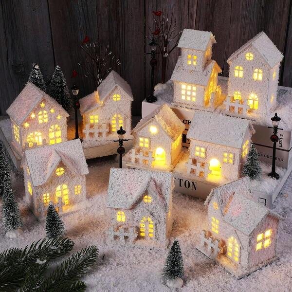 Weihnachtsdorf Häuser Ornament, Hölzernes festliches Schneeflockenhaus Miniatur, Weihnachtsfiguren Szene Tischdekor für Innenraum Landschaft Weihnachtsferien Party Deko Winterdorf Häuser Accessoires