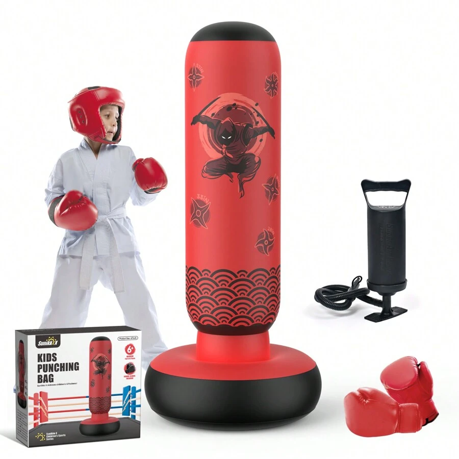 Punching Bag For Kids, Tall Larger 66'' Inflatable Boxing Bag For Kids Teens, Punching Bag Set Toy With Gloves And Pump For Practicing Karate, Taekwondo - 紅色 - 查看 1