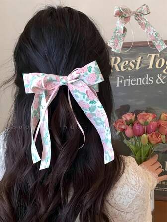 1 件装粉色玫瑰蝴蝶结弹簧夹发饰，可爱侧夹发夹，适合女士