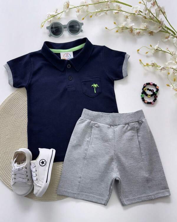 Conjunto Infantil Menino Camiseta Gola Polo Short Bermuda Masculino Roupa de Criança Passear Sair Bonito Presente Oliver