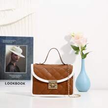 迷你时尚菱形翻盖包，配有链条肩带，女士刺绣小号单肩/斜挎手机包