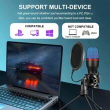 Microfone de Condensador Diafragma Pequeno USB para Streaming de Podcast em PC com Iluminação RGB, Tripé, Filtro Anti-Pop, Conectividade USB-C, Plug and Play