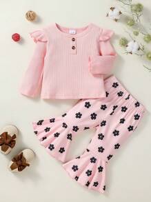 年轻女孩春秋花卉印花圆领长袖套头衫和喇叭裤套装 - 粉色 - 查看 1