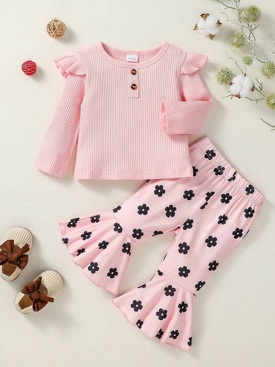 年轻女孩春秋花卉印花圆领长袖套头衫和喇叭裤套装 - 粉色 - 查看 1