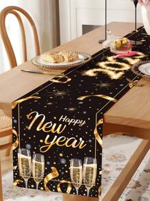 1pc 2025 New Year's Eve Table Runner, Polyester Black Gold Happy New Year Table Cover, Black Gold Champagne 2025 Happy New Year Party Kitchen Decorations Background Table Runner, Black Gold Home Decor Table Decor Party Tablecloth Supplies, New Year Gifts
