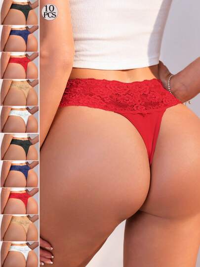 10PCS Calcinhas femininas de cor sólida, sexy, básicas, cintura baixa, fio dental, patchwork, transparente, renda floral, tanga, lingerie (vermelho, azul, damasco, preto, branco, 5 cores)