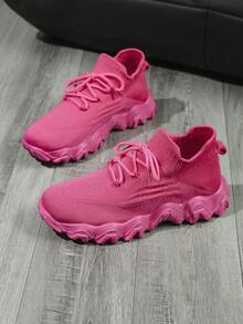 少女新款户外运动鞋舒适透气休闲运动鞋春秋纯色跑步鞋时尚款 - 玫紅色 - 查看 4