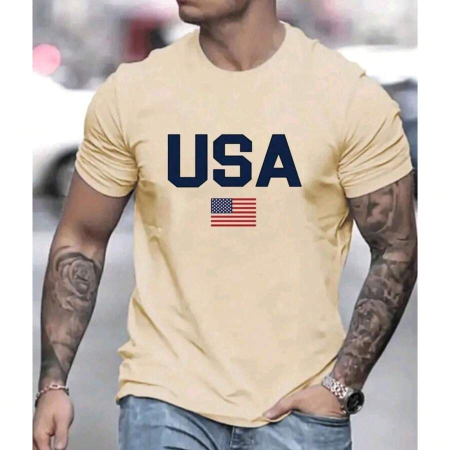 Men's T-Shirt USA Premium Cotton Fabric Promotion - 卡其色 - 查看 1