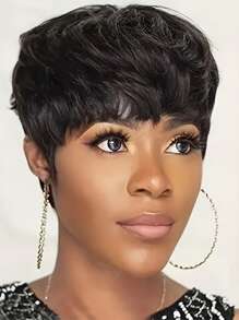 Pixie Cut Wig With Bangs Glueless Human Hair Straight Wigs Non-Lace Rose Net Cap 180% Density Machine Made Remy Suitable For African Women Basic Style Women's Pixie Cut Wig With Bangs