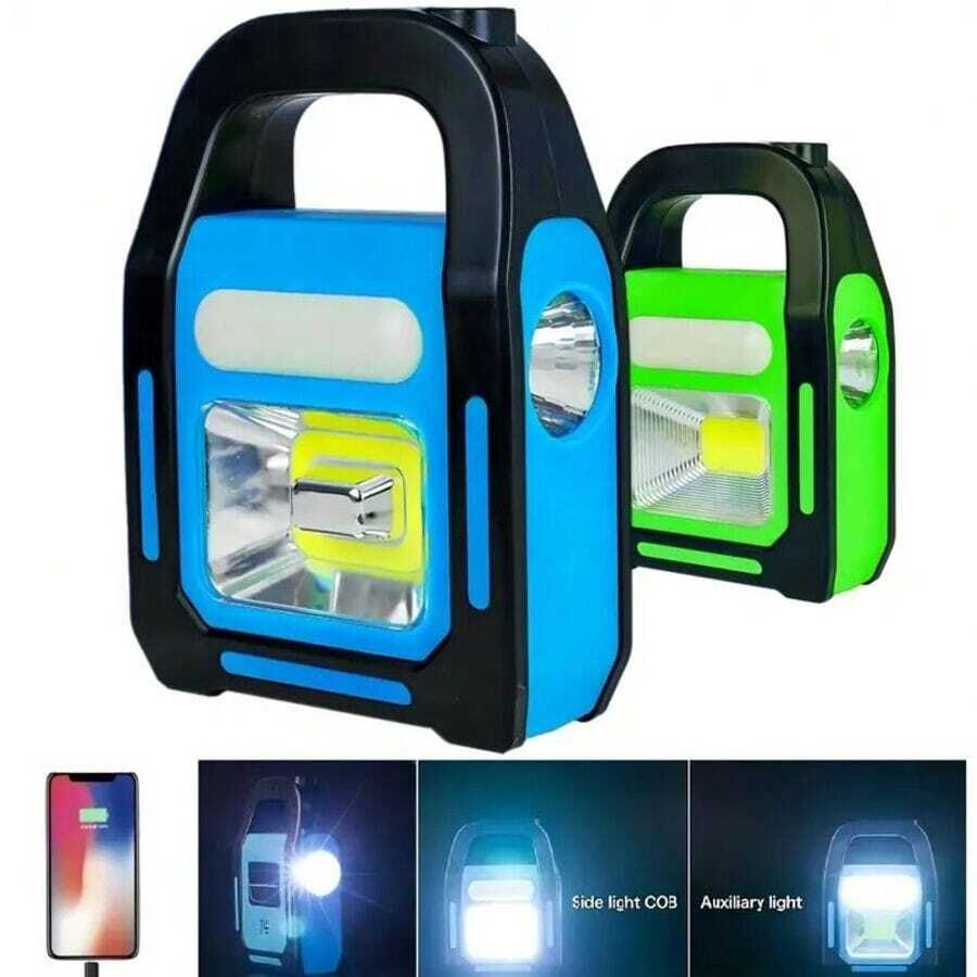1 Gói 3 Trong 1 Đèn lồng cắm trại LED COB sáng nhất có thể sạc lại bằng USB năng lượng mặt trời, Sạc cho thiết bị, Đèn pin khẩn cấp chống nước Đèn LED, Đèn chiếu sáng ngoài trời cho lối đi, Sân, Sân trong - Màu xanh lam - Xem 1