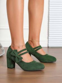 玛丽珍厚底高跟鞋，女士新款时尚蝴蝶结点缀绿色高跟鞋 - 墨綠色 - 查看 4