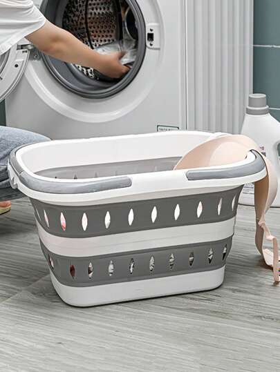 1 Piece Two Color Plastic Collapsible Storage Basket Laundry Basket Dirty Clothes Basket Bathroom Laundry Room Suitable For Rental House Space Saving Storage Basket