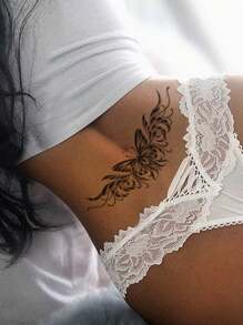 1 件女士性感蝴蝶纹身贴纸，防水临时纹身贴，适用于腹部、胸部、腰部，适用于手臂、腿部，男女通用人体艺术装饰，易于粘贴和去除，防汗 - 黑色 - 查看 2