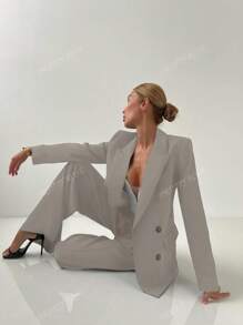 2pcs Women's Elegant Casual Blazer Jacket And Straight Pants Suit For Office Work, Autumn/Winter, With Shoulder Pad