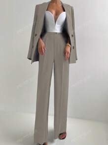 2pcs Women's Elegant Casual Blazer Jacket And Straight Pants Suit For Office Work, Autumn/Winter, With Shoulder Pad
