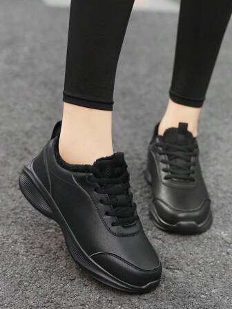 Women's Leather Thermal Lined Waterproof Lightweight Sports Shoes, Comfortable Casual Travel Sneakers, Black