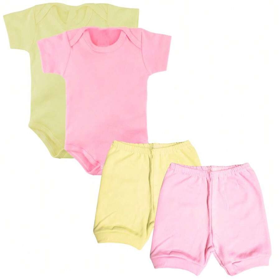 4 Piece Kit Short Sleeve Bodysuit And Summer Shorts S/M/L Plain Colors - 淺粉色 - 查看 1