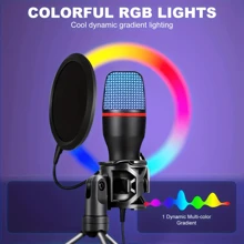 Microfone de Condensador Diafragma Pequeno USB para Streaming de Podcast em PC com Iluminação RGB, Tripé, Filtro Anti-Pop, Conectividade USB-C, Plug and Play