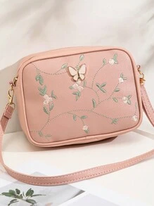 新款女士相机包，花卉和叶子刺绣多功能小包，拉链开合，可调节肩带，带衬里，蝴蝶结装饰，日常时尚百搭，秋冬 - 粉色 - 查看 4