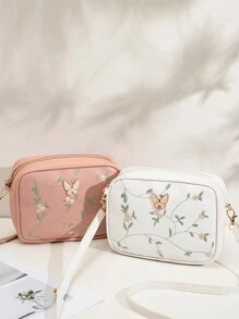 新款女士相机包，花卉和叶子刺绣多功能小包，拉链开合，可调节肩带，带衬里，蝴蝶结装饰，日常时尚百搭，秋冬 - 粉色 - 查看 10