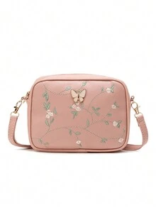 新款女士相机包，花卉和叶子刺绣多功能小包，拉链开合，可调节肩带，带衬里，蝴蝶结装饰，日常时尚百搭，秋冬 - 粉色 - 查看 8