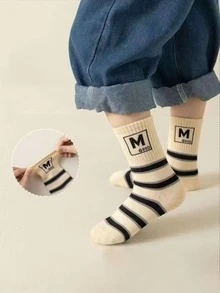 5 đôi tất cổ cao in chữ kẻ sọc số cho bé trai, mùa thu/đông - Màu be - Xem 6