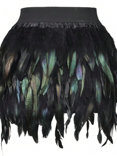 DS Performance Costume Luxurious Peacock Feather Skirt, Asymmetrical Hem Stage Skirt For Jazz Dance European And American Style