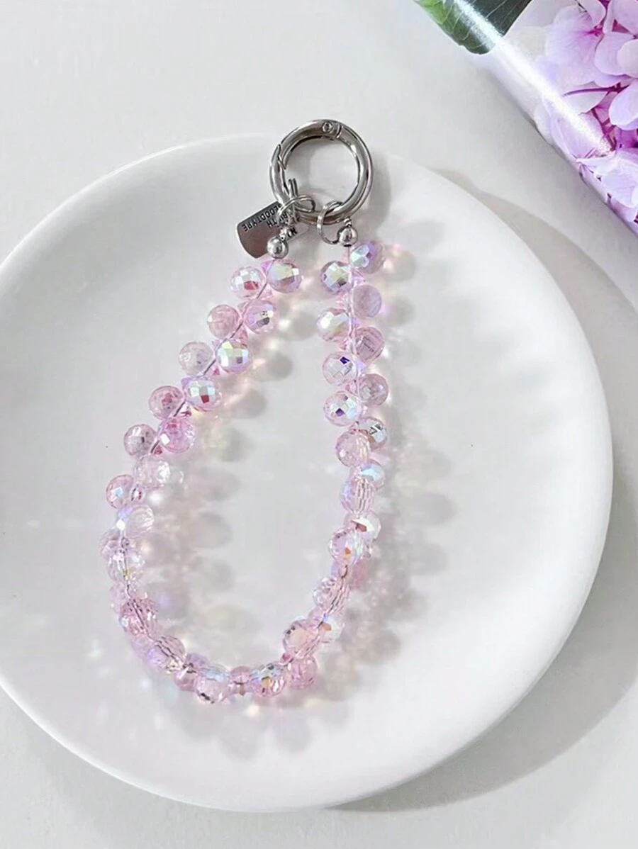 Dây đeo điện thoại đính hạt lấp lánh - Hạt trong suốt sáng bóng, Dây đeo điện thoại, Móc khóa, Tương thích với Apple/ Ốp lưng điện thoại, Chất liệu nhựa bền - Hồng - Xem 1