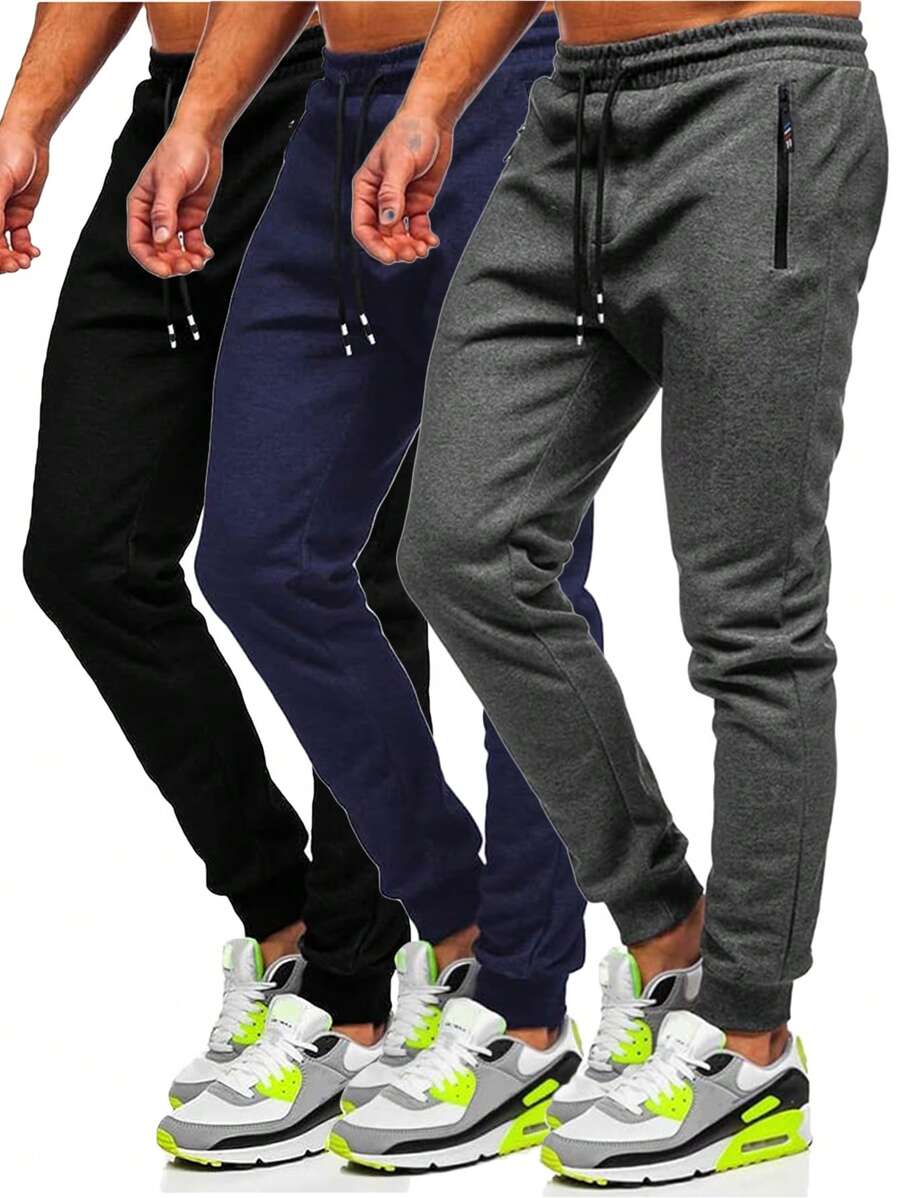 3 Pcs Men's Jogger Sweatpants With Zipped Pockets Drawstring Regular Fit Sweatpants For Running Gym Workout - Black+Navy+Darkgey - View 1