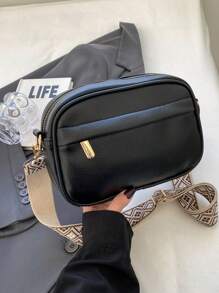 简约纯色纹理单肩包，时尚 PU 材质，女士休闲手提包，带手机钱包 - 黑色 - 查看 2