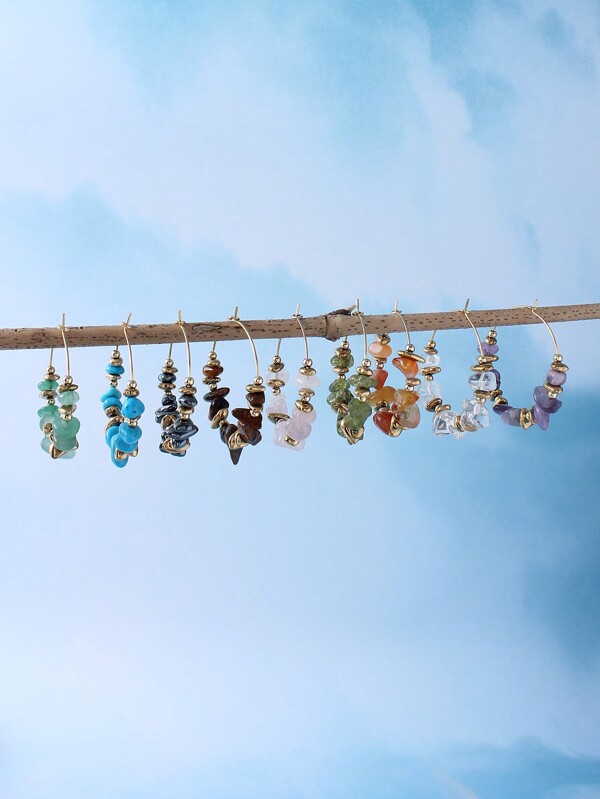 1 Pair Minimalist Women Natural Stone Crystal Gemstone Cluster Earrings, Copper Hoop Earrings, Elegant/Vintage Round Earrings, Suitable For All Seasons, Perfect For Daily Wear/Party, Funky Jewelry