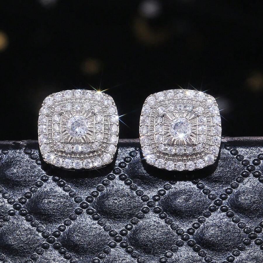 Semi-Jewelry Square Studded Earring For Women Fashion 925 Silver Plated - Bạc - Xem 1