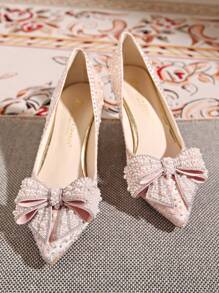 Summer Pointed Toe Pearl Rhinestone Bow Shiny Laser Holographic Pearl Random Printed Textured Mini High Heel Slip-On Shoes For Casual Or Party Valentines
