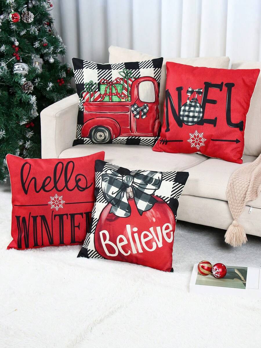 4 vỏ gối trang trí Giáng sinh 45*45cm vỏ gối vuông da đào, vỏ gối mềm phong cách cây thông Noel nơ cho tiệc Giáng sinh tại nhà ghế sofa trang trí phòng, đồ trang trí Giáng sinh, không bao gồm lõi gối, quà tặng Giáng sinh, đồ trang trí Giáng sinh, đồ trang trí