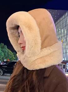 1pc Faux Suede Fleece Balaclava Hat, Winter Neck Warmer Windproof Ski Mask Earflap Cap For Women