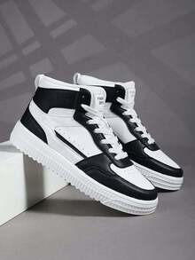 Giày thể thao nam Giày thoáng khí Miếng dán trang trí Buộc dây cao cổ Giày trượt thể thao màu trắng đen - Đen và trắng - Xem 4