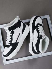 Giày thể thao nam Giày thoáng khí Miếng dán trang trí Buộc dây cao cổ Giày trượt thể thao màu trắng đen - Đen và trắng - Xem 2