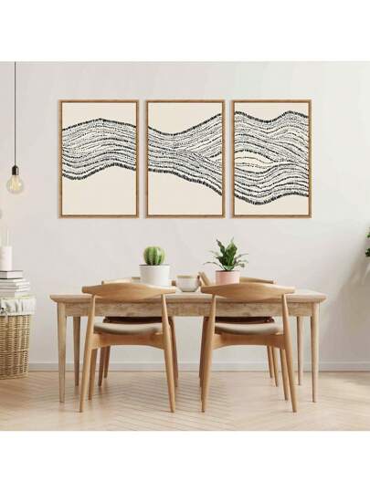 CPWAD 3 件套几何黑色和棕色波浪帆布墙艺术套装，抽象形状插画画，中性装饰简约现代客厅卧室家居装饰，无框