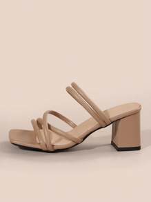 女士法式仙女凉鞋，新款粗带细带优雅系带高跟凉鞋，夏季 - 杏色 - 查看 3