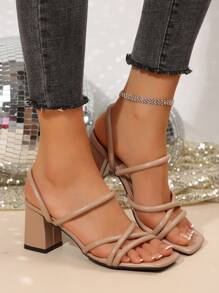 女士法式仙女凉鞋，新款粗带细带优雅系带高跟凉鞋，夏季 - 杏色 - 查看 7