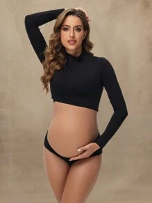 Maternity High Collar Long Sleeves Pullover Solid Color Belly-Revealing Top For Photoshoot Photography
