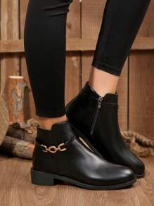 Giày bốt thời trang mới cho nữ mùa thu đông phong cách Anh mũi nhọn màu đen bốt ngắn, giày bốt cao gót vuông chất liệu PU mặc ngoài trời hàng ngày có khóa kim loại trang trí, bốt cổ ngắn và cổ cao - màu đen - Xem 8