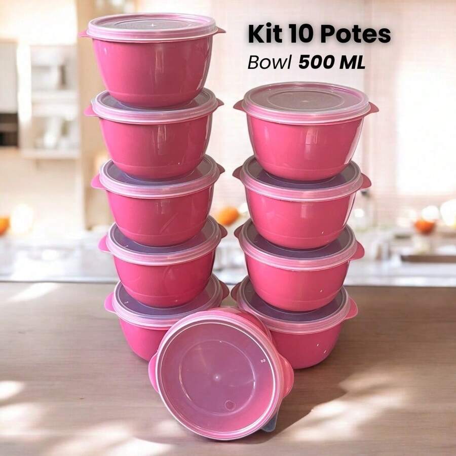 Kit With 10 Bowl Tapoer Pots 500 Ml Household Utility Lunch Box Container Transparent Lid Colorful - Hồng - Xem 1