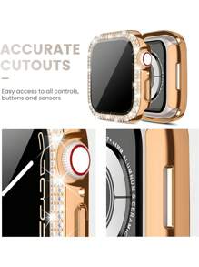 Kompatibel dengan Casing dengan Pelindung Layar Kaca Tempered Ultra Tipis HD, Dua Baris Batu Permata Kristal Berkilau, Pelindung Ultra-Protektif PC Keras Tahan Benturan dan Goresan, Kompatibel dengan Apple Watch Seri 11/10/9/8/7/6/5/4/SE, Casing Pelindung 40/41/42/44/45/46mm untuk Wanita - Rose Gold - View 6