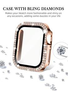Kompatibel dengan Casing dengan Pelindung Layar Kaca Tempered Ultra Tipis HD, Dua Baris Batu Permata Kristal Berkilau, Pelindung Ultra-Protektif PC Keras Tahan Benturan dan Goresan, Kompatibel dengan Apple Watch Seri 11/10/9/8/7/6/5/4/SE, Casing Pelindung 40/41/42/44/45/46mm untuk Wanita - Rose Gold - View 3