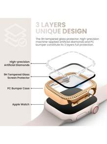 Kompatibel dengan Casing dengan Pelindung Layar Kaca Tempered Ultra Tipis HD, Dua Baris Batu Permata Kristal Berkilau, Pelindung Ultra-Protektif PC Keras Tahan Benturan dan Goresan, Kompatibel dengan Apple Watch Seri 11/10/9/8/7/6/5/4/SE, Casing Pelindung 40/41/42/44/45/46mm untuk Wanita - Rose Gold - View 5
